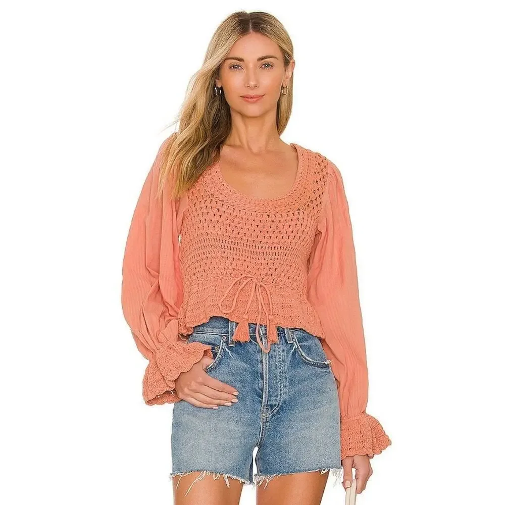 Free People Megan Crochet Knit Peplum Puff Sleeve Top Coral Sand Size Small NWOT